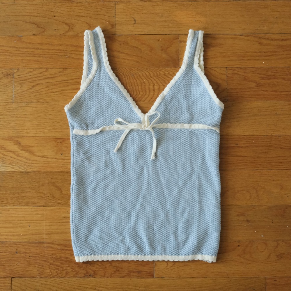 Djerf Avenue Amorini Tank Top Women Blue White Trim Bow Coquette L Sleeveless